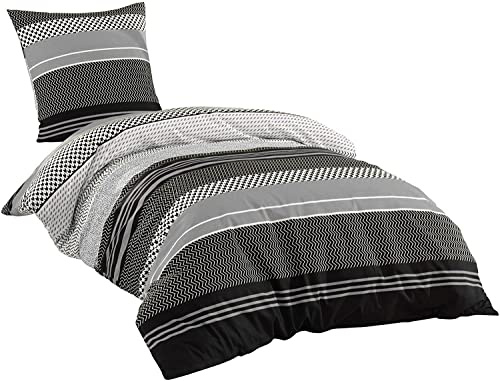 Sentidos Bettwäsche-Set 2-teilig Renforcé Baumwolle 135x 200 cm mit Reißverschluss Bett-Bezug, 80x80 cm Kissen-Bezug Bett-Garnitur Grau schwarz weiß (135x200 cm + 80x80 cm)