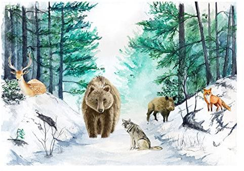 Vlies Fototapete Kinderzimmer Wald Tiere Waldtiere Aquarell - inkl. Kleister - für Kinder Kindertapete Wandtapete Vlies Tapete Motivtapeten UV-Beständig Montagefertig (368x254 cm) Multi