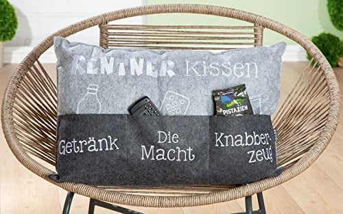 Megafuchs MF Filz Rentner Kissen hellgrau/dunkelgrau mit bestickten Taschen Getränk/Die Macht/Knabberzeug Hülle und Füllung 100% Polyester Geschenkidee