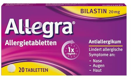Allegra Allergie Tabletten | 20 Stk | Antiallergikum | Wirkstoff Bilastin | schnell und 24 Std wirksam bei Heuschnupfen, Tierhaarallergie, Hausstauballergie, Nesselsucht (Urtikaria)