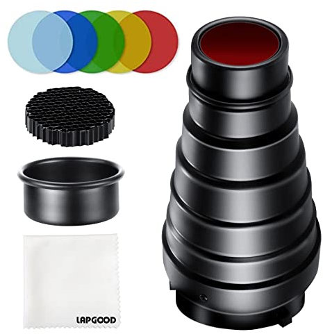 Lapgood Kit Snoot Conico in Lega di Alluminio con 5 Filtri Gel Colorati e Griglia a Nido d'ape per Supporto Bowens,Strobo da Studio,Chiaro di Luna,Flash,Lampeggiatore (Snoot02)