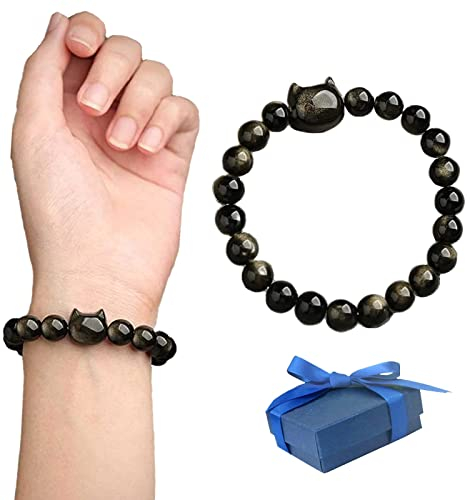 DUBUSH Absorbieren Sie negative Energie, Gold, Silber, glänzendes Obsidian-Armband, süßes Katzenschutzarmband, Unisex-Schmuck, Geschenk, Stressabbau, viel Glück