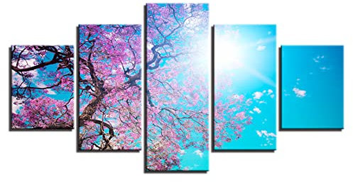 Targawerelax Quadro Su Tela 5 Pezzi Rosa Albero Di Ciliegio In Fiore Paesaggio Immagine Di Arte Della Parete Per Soggiorno Stampa Su Tela Dipinto Poster E Stampe Nordici 150x80cm