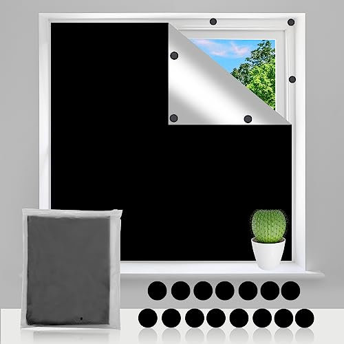 Portable Blackout Blind, 145x100cm Stick On Blackout Blinds for Windows Temporary Blackout Blind with 15 Adhesive Fasteners No Drill Blackout Blinds for Bedroom Nursery Loft Travel RV Car