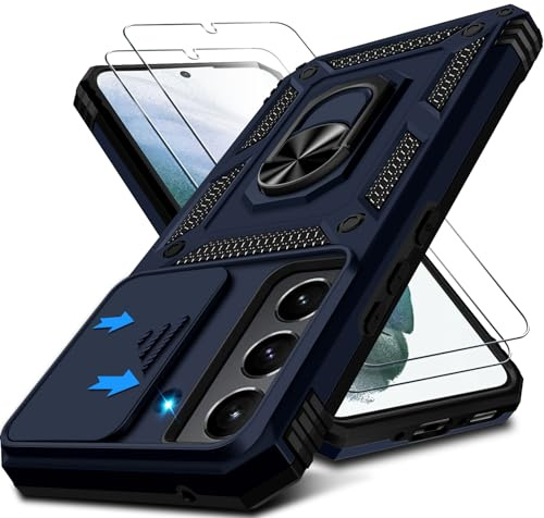 Croazhi Kameraschutz Handyhülle für Samsung Galaxy S21 5G Hülle mit Displayschutz*2 pcs, 360 Grad Metall Ring Halter Militär Standard Stoßfest Schutzhülle für Samsung S21 Handytasche Case (Blau)