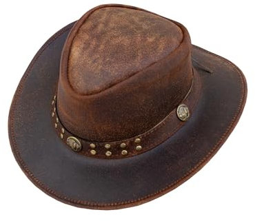 GARGOYLE BELLS Cowboy-Westernhut aus braunem Leder für Damen und Herren, mit Filz, Nieten, Steampunk-Hut, Deadman, Zylinderhut für Halloween-Kostüm-Zubehör (US, Alpha, Medium, Braun)