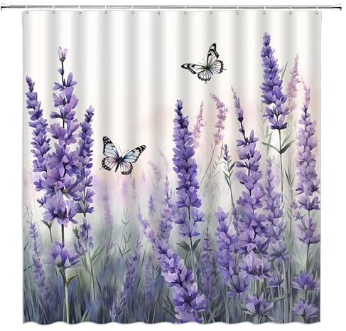 DSMEUE Duschvorhang mit Schmetterlingen, Lavendel, Frühling, Glyzinienblüte, Naturviolett, Aquarell, Gardine Badezimmer-Dekor-Vorhang mit Haken, 178 cm B x 178 cm H