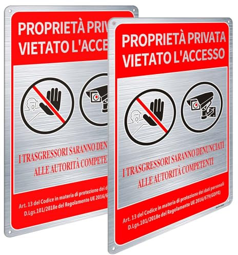 Ashoaza Cartello Area Videosorvegliata, Cartello Proprietà Privata in Alluminio Spazzolato, 20x30 Cm Divieto Accesso, 2 Pezzi Cartello Vietato L'accesso con Avviso GDPR, resistente ai raggi UV