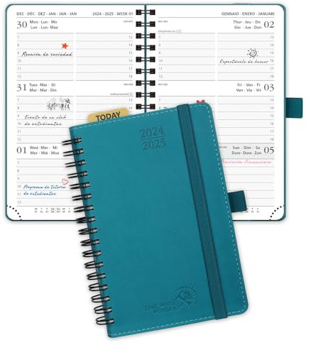 POPRUN Taschenkalender 2025 Klein (Aug.2024-Dez.2025) Ringbuch mit Softcover, ca. A6 (16 x 10,5 cm), Kalender 2025 Klein - Terminplaner 1 Woche 2 Seite mit Plastiklineal - Pazifikgrün