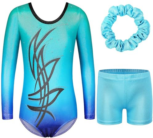 ZNYUNE Mädchen Turnanzug mit Hose Haarband Set Gymnastikanzug Kinder Shorts Trikot Turnen Ärmellos/Langarm Kleidung klassisch Turnbody B281 TealBlue 8A