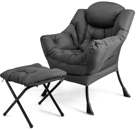 GOPLUS Fauteuil Salon, Chaise Paresseuse avec Repose-Pieds Ottoman Pliant, Pochette Latérale, Chaise Canapé de Loisirs, Style Scandinave, pour Salon, Chambre, Balcon,Charge 150KG+50KG (Gris)