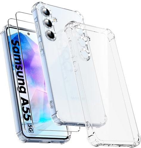 Ikziwreo - Cover per Samusng Galaxy A55 5G con 2 pezzi in vetro temperato, custodia in silicone TPU trasparente morbido [paraurti con angoli rinforzati], protezione trasparente antiurto