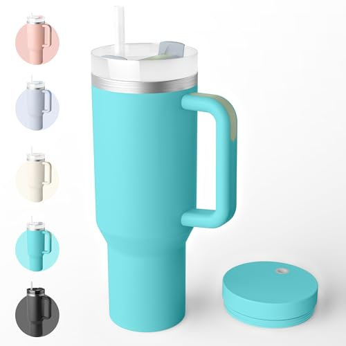 Bailkind 1182mL 40oz Mug Isotherme Antifuites en Acier Inox, Double isolée sous Vide Tasse Isotherme sans BPA, avec 2 Paille 2 Couvercles de Tasse Brosses de Nettoyage-Bleu turquoise