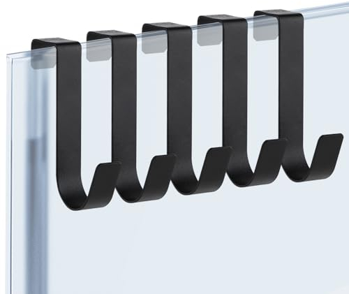COMNICO 5 Pack Shower Door Hooks, Towel Hook Over Bathroom Frameless Glass Door 0.82in(2.1cm) Heavy Duty Stainless Steel Shower Squeegee Hooks for Hanging Robe Clothing Brush, Matte Black