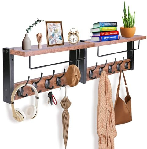 BSTHOK Wall Mounted Coat Rack with Shelf, 44cm, Metal Hooks, Rustic Wood, for Bathroom, Bedroom, Living Room (Rustic Brown-2pack) (Rustic Brown-2pack)