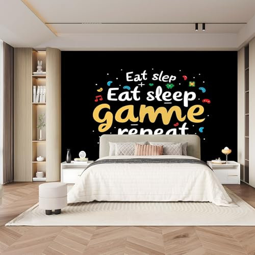 Vlies Tapete Essen, Schlafen, Spielen Deko Panel Schwarz Fototapete Wanddeko Tapetenrolle Mustertapete Wandtapete modern design Schlafzimmer Wohnzimmer Dekoration - 300 x 210 cm