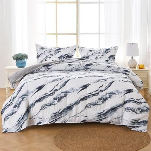 Mooreeke Queen-Size-Bettdecken-Sets, marineblau-grauer See-Ripple-Thema, bedruckte Bettwäsche für alle Jahreszeiten, 3-teiliges Vintage-Bett in einer Tasche mit flauschiger gesteppter Wendedecke und 2