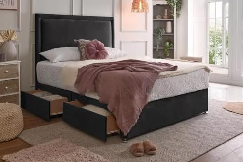 Fireplaces 4 Life Plush Rio Divan Bed Set with Orthopaedic Mattress and 24 Headboard *Storage Available (Black, No Drawers, 3ft Single (90 x 190 cm))