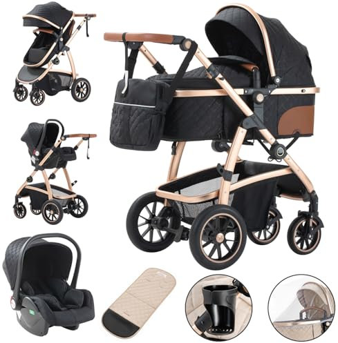 Gcarebb 3 in 1 Kinderwagen, Buggy Mit Auto Babyschale, Mit Höhenverstellbarer Kinderwagen Komplettset, KombiKinderwagen Mit Aluminiumrahmen für Neugeborene 0-4 Jahre
