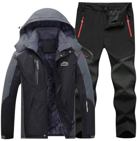 Generisch Thermoanzug Herren Angeln, Skianzug 2 Teilig Herren Winter Schneeanzug Warme mit Kapuzen Tracksuit Wasserdicht Skibekleidung Jacke und Hosen Skijacke Winddicht Schneemantel