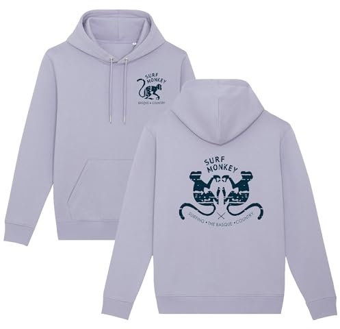 Surf Monkey Hoodie Sudadera Ecológica con Capucha para Hombre/Mujer 2 Monos - Algodón Orgánico Gots (FR/ES, Letras, S, Regular, Regular, Lila)