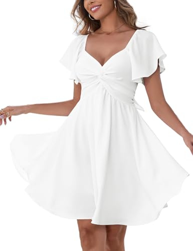 Florboom Women's Sweetheart Knot Front Sexy Dress - Cute Flutter Sleeve Tie Back Mini Dress for Graduation, Wedding Guest, Bridal Shower & Summer Vacation - Double Lined A-Line Sundress (White, M)