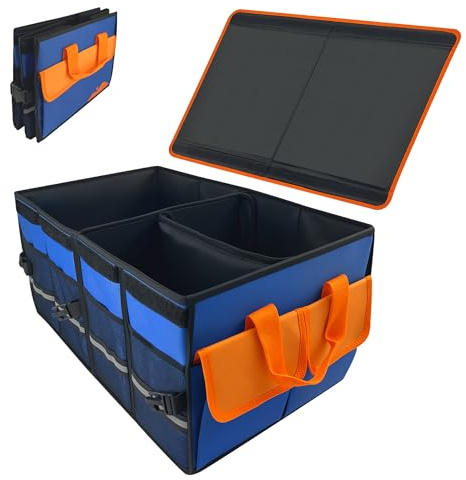 Premium Auto Kofferraumtasche mit Deckel, Praktisch 600D Oxfordstoff Kofferraum Organizer, Wasserdicht Rutschfest Autotasche mit Griffe, Platzsparend Kofferraumbox für Auto/Camping/Lagerung (54L)