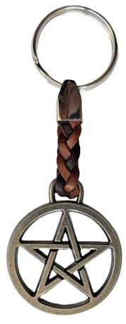 ClaroSchmuck Schlüssel-Anhänger Pentagramm Schlüsselring aus Metall Stärke 2 mm, Band Kunstleder, Gesamtlänge ca. 98mm.