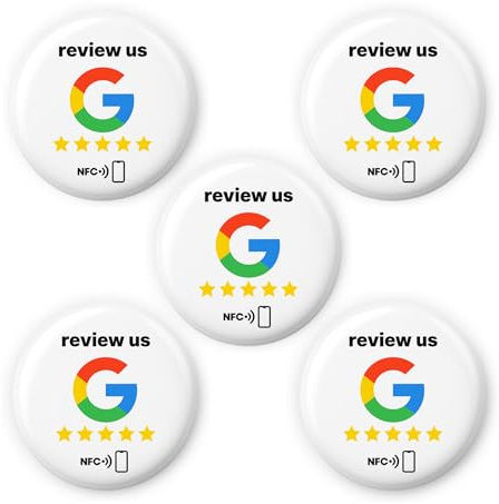 5x „review us“ on Google NFC Sticker – selbst programmierbar & wiederverwendbar – 3 cm Ø – rating Aufkleber‑Set - NFC Tag  Sticker mit Google‑Logo ideal für POS, Shops & Services
