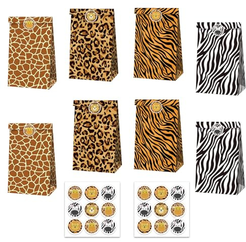 MORAINJAY 12 Stück Dschungel Leopard Tiger Papiertüten mit 18 Aufklebern, 22x12x8cm Geschenktüten für Kindergeburtstag Safari Thema Party, Mitgebsel, Gastgeschenke Candy Tüten