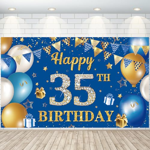 35. Geburtstag Dekoration Hintergrund Banner Geburtstag Deko 35 Geburtstagsbanner Männer Frauen Dreieck Flagge Ballons Dekor Blau Gold Groß Größe Birthday Banner für 35th Jahrestag Party Supplies