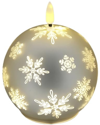 LED-Kugelkerze aus Glas mit Schneeflocken-Motiv und Timer 10cm LED-Kerze elektrisch Warmweiß Lichter Deko Adventskerzen Adventskranz Kranz Weihnachtsdeko Valentinstag geruchslos tropflos flammenlos