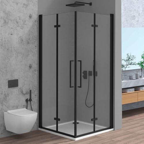 Box Doccia Angolare 70x100 Con Doppia Porta A Soffietto In Vetro Temperato Trasparente E Profili Nero Opaco - Linea Neos - H 195 Cm E Spessore 6 Mm