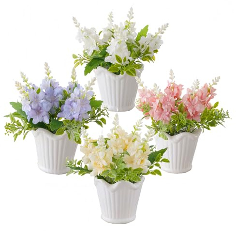 SUNNY BROOK 4Pcs Artificial Flowers with Ceramic Pots, Small Fake Flower Arrangements in Vases, Faux Silk Bouquets Spring Home Decor, Realistic Table Centerpieces Floral for Party Wedding Decorations