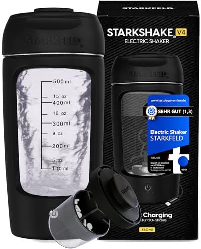 STARKSHAKE V4 – eccellente come miglior shaker elettrico della F.A.Z.-Verlag (2025) | Shaker di proteine elettrico per frullati di proteine | 8000 UPM | USB-C | 120+ frullati | incluso STARKPOD | nero