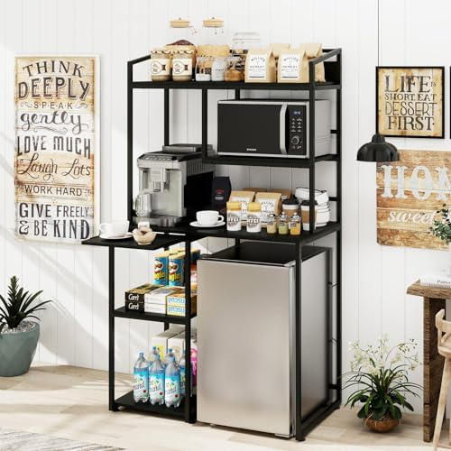 PUNCIA Moderno armario de bar de café con mini espacio integrado para nevera y soporte para microondas, mesa auxiliar con estantes de almacenamiento abiertos, estante de almacenamiento de cocina