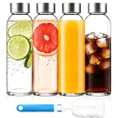 LLHONG Glass Water Bottles with Lids, Glass Juice Bottles 500ml, Leakproof | Beverage Container with Stainless Steel Airtight Cap | for Refrigerator Juicing Sauce Jar Hot & Cold Drinks | with Brush