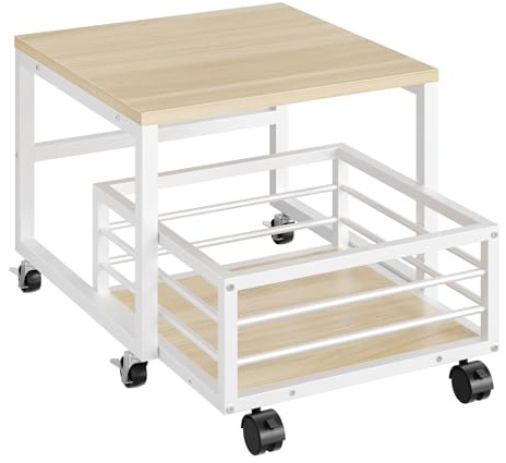 HOOBRO Support de Mini-Réfrigérateur avec Panier Mobile, Étagère de Mini-Frigo, avec roulettes et Pieds réglables, Cadre métallique, pour Maison, Bureau, dortoir, Blanc et Couleur Bois EWN155TL01