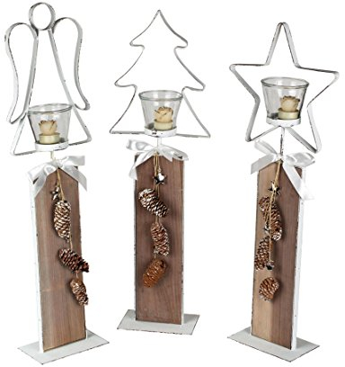 Formano Weihnachtliches Windlicht auf Holzsäule, 66 cm hoch, Stern, Engel, Tannenbaum, weiß gewischt mit Naturmaterialien verziert