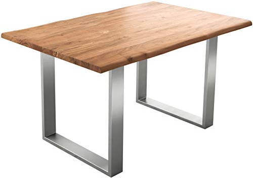 DELIFE Esszimmertisch Edge Akazie Natur 140x90 Edelstahl Schmal Live-Edge
