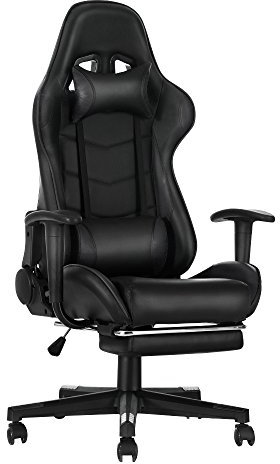 Gaming Chair, Racing Style Office High Back Ergonomic Conference Work Chair Reclining Computer PC Swivel Desk Chair 170 Degree Reclining Angle with Headrest, Lumbar Cushion & Footrest (Black)