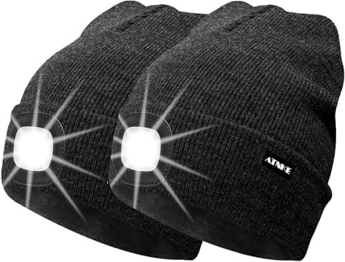ATNKE 2Pcs Neue Warme LED beleuchtete Mütze,Unisex USB wiederaufladbare Laufmütze Ultra Bright 4 LED wasserdichte Lichtlampe Mehrfarbig (Dunkel Grau, 2PCS)