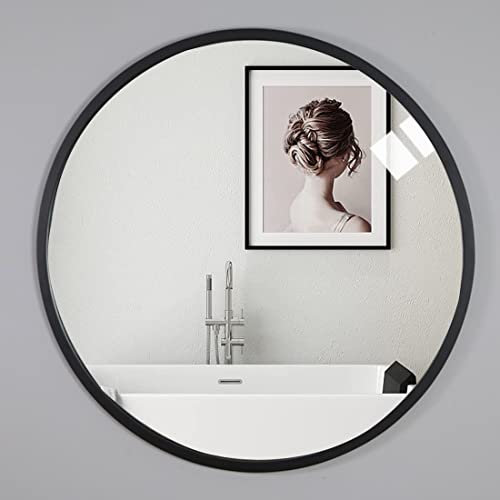 Warmiehomy Large Round Bathroom Mirror Wall Mounted Makeup Mirror with Aluminium Frame for Bathroom Living Room Bedroom (Black,Φ70cm)