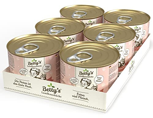 Betty's Landhausküche Dose Nassfutter Katze, getreidefrei, beste Qualität, hochwertiges Fleisch, schonend gegart, für alle Katzenrassen geeignet, Huhn und Lachs 6 x 200 g