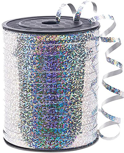 PartyWoo Geschenkband Silber, 450 Meter/ 500 Yard Schleifenband, Ringelband, Glänzendes Ballonband, Dekoband für Ballonverschlüsse, Geschenkverpackung, Basteln, Partydeko, Hochzeitsdeko (1 Rolle)