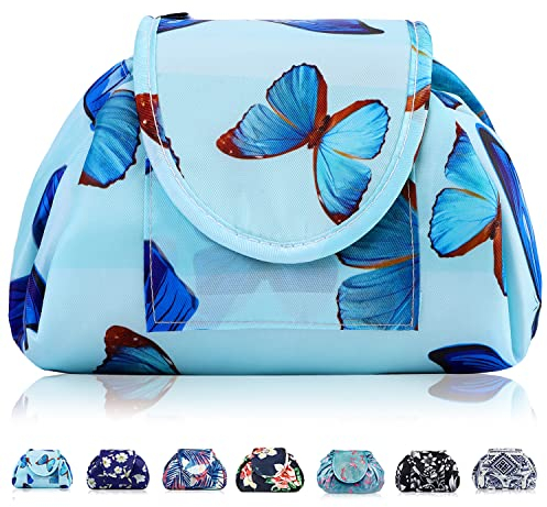 Lazy Kosmetikbeutel mit Kordelzug Portable Große Kosmetiktasche Reisetasche Make up Beutel Aufbewahrung Organisator für Damen Mädchen (Schmetterling)