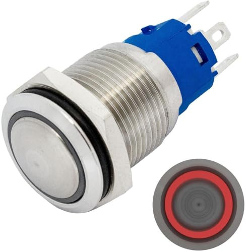 Lumonic pulsador de acero inoxidable curvado de 16mm de diámetro I Con un LED anular en rojo Dimensiones: 2,8x0,5mm Pin es 250V 3A I Antivandálico según norma IP65