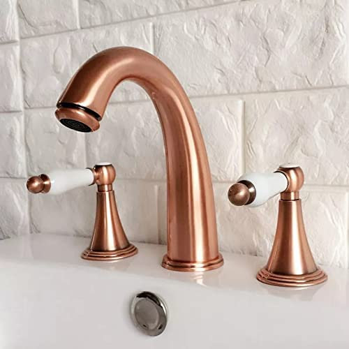 Antikes rotes Kupfer weit verbreitete Doppelgriff-Badezimmer-Waschtisch-Mischbatterien auf Deck montiert 3-Loch-Waschbecken-Wasserhahn