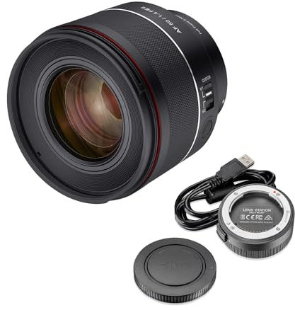 SAMYANG AF 50mm F1,4 II FE für Sony E + Samyang Lens Station – Standard Autofokus Objektiv für spiegellose Systemkameras von Sony, für Vollformat und APS-C Sensoren + Docking-Station für System Update