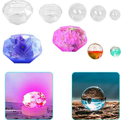 AFUNTA 5 Stampi in Silicone 3D Diamantati, Sfera in Resina Epossidica con Base Illuminata USB per Creazione Gioielli Fai da Te